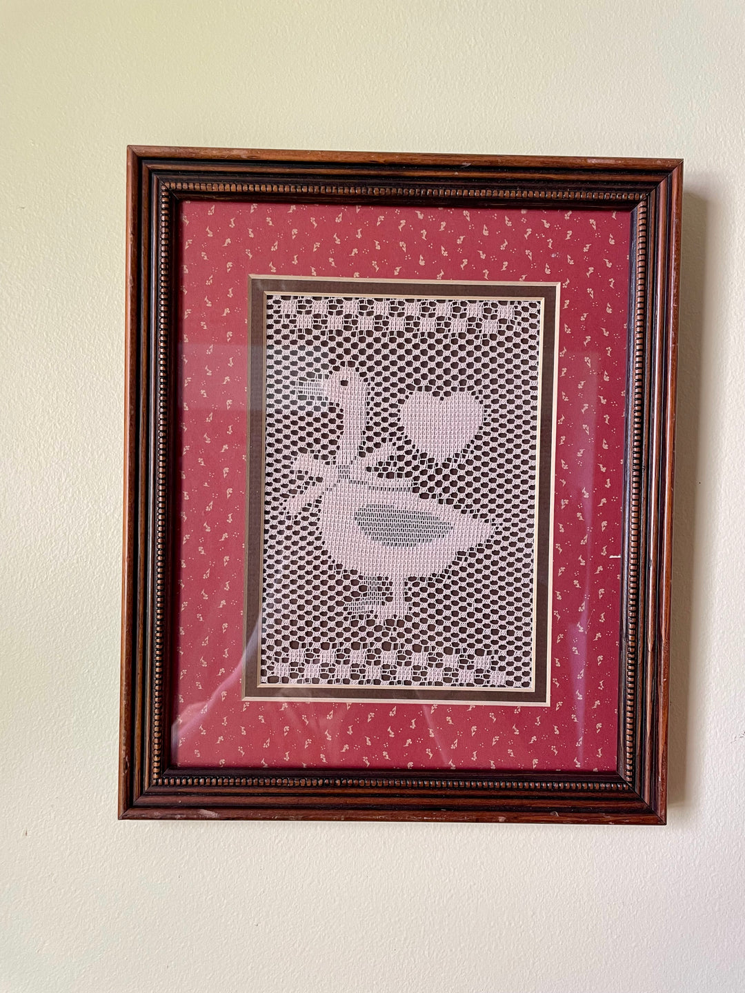 Vintage Framed Crochet Goose Wall Art