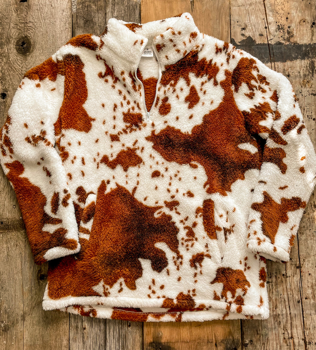Cow Print Brown Sherpa Pullover
