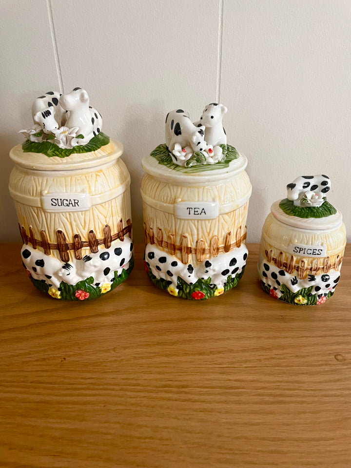 Vintage Cow Ceramic Canister Set – Sugar, Tea, Spices